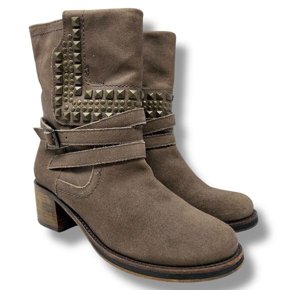 Vince Camuto Donato Coffee Brown Studded Leather Motorcycle Ankle Boots 6 - Picture 1 of 12